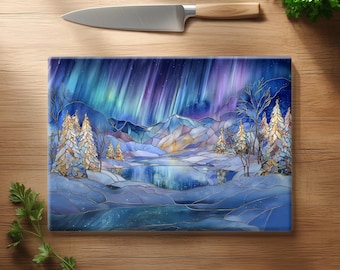 Aurora Borealis Winter Lake Stained Glass Cutting Board ~ Northern Lights Tempered Glass Grazing Table
