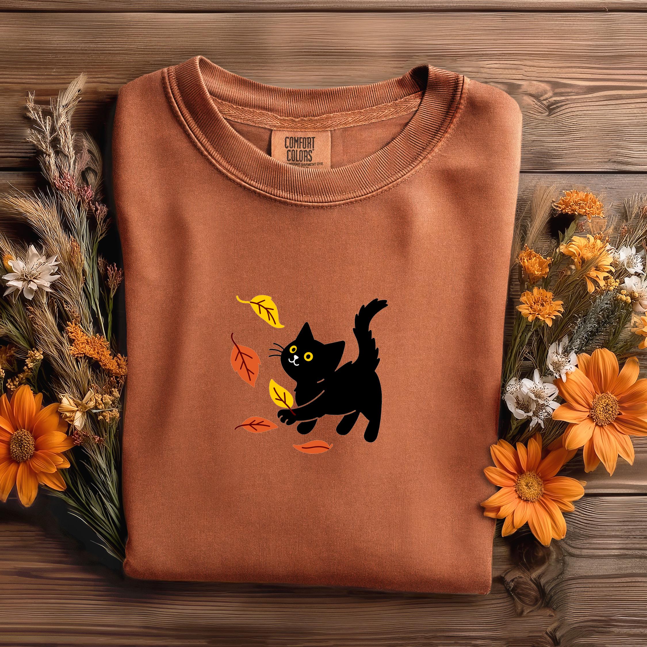 Embroidered Cat Pouncing Leaves T-shirt, Comfort Colors Fall Shirt