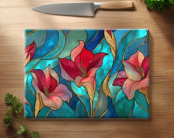 Planche à découper en vitrail floral Amaryllis, décoration de cuisine en verre trempé