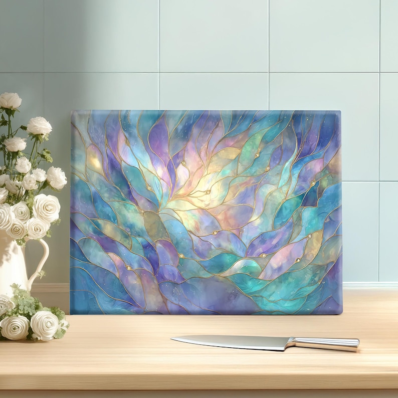 Floral Stained Glass Cutting Board ~ Iridescent Teal & Lavender Leaves Pattern, Botanical Inspired Kitchen Decor image 3