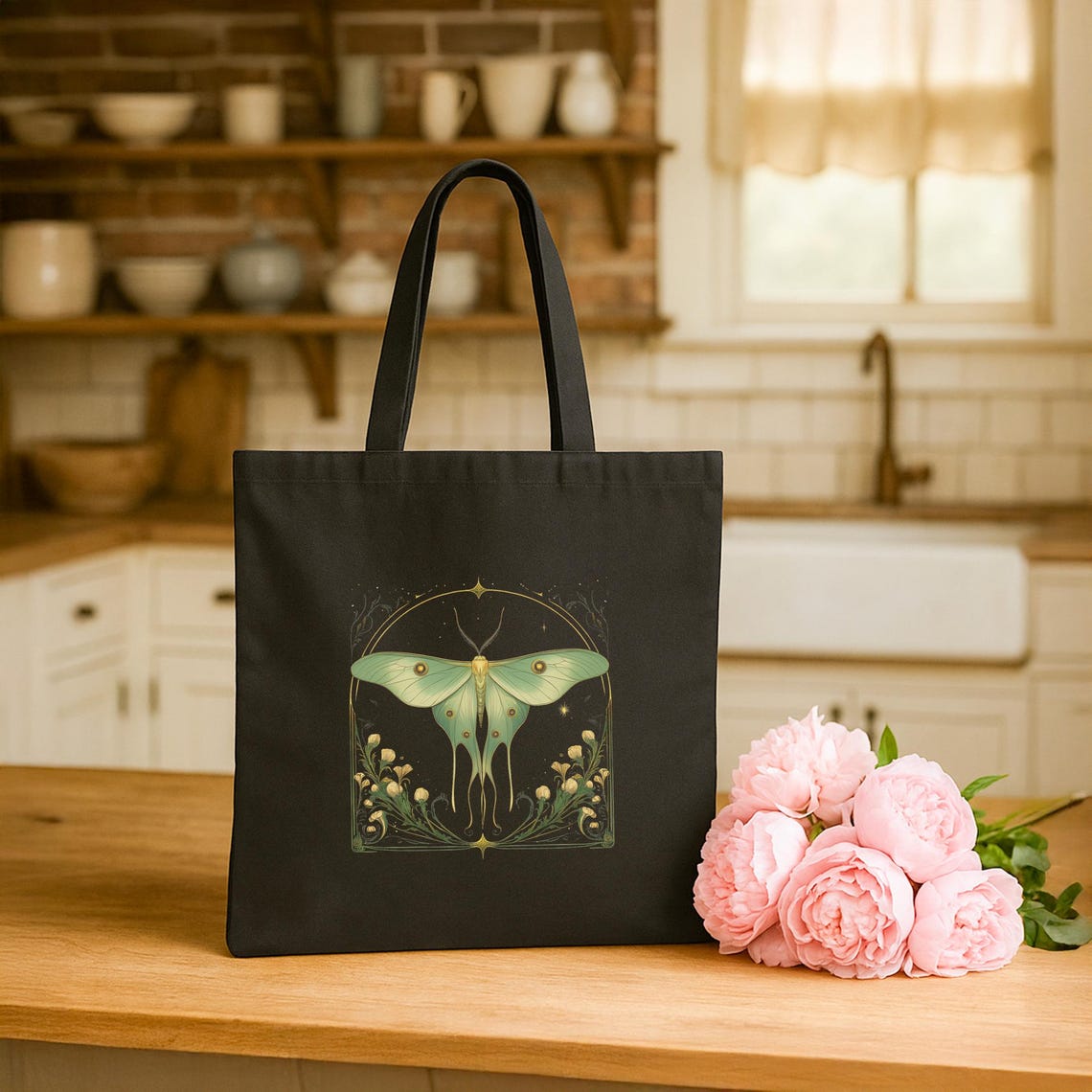 Vintage Luna Moth Canvas Tote Bag, Cottagecore Botanical Design image 1
