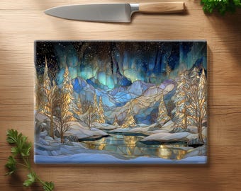 Stained Glass Aurora Borealis Cutting Board ~ Winter Lake Northern Lights Kitchen Decor