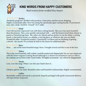 May include: A graphic featuring customer reviews from Crafty Coyote Studio. The text includes positive feedback about cutting boards and mugs, with phrases like "beautiful" and "highly recommend."