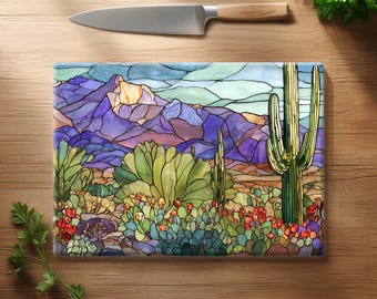 Stained Glass Desert Glass Cutting Board, Saguaro Cactus Arizona Landscape