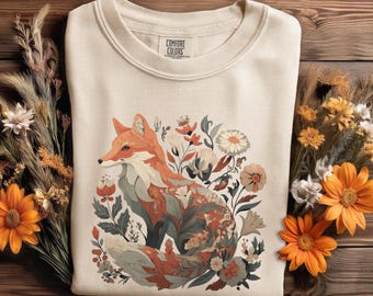 Floral Fox Comfort Colors T-Shirt, Cottagecore Tee