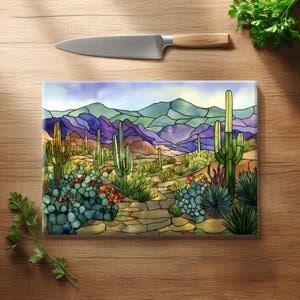 Stained Glass Arizona Desert Cutting Board, Saguaros and Mountains, Southwest Kitchen, Colorful Serving Board