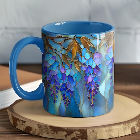 Wisteria Stained Glass Mug ~ Blue & Gold Art Nouveau Botanical Drinkware, Gift for Garden Lovers