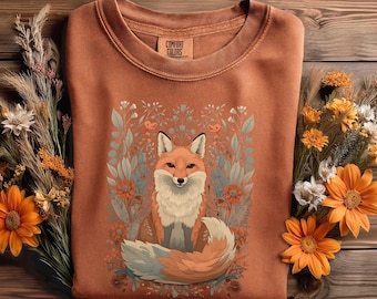 Comfort Colors Fox Floral Meadow-shirt, vintage Cottagecore Woodland-kleding