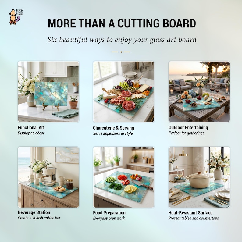 May include: An image showcasing a glass art board with a teal and gold geometric design. The text reads "MORE THAN A CUTTING BOARD" and highlights six uses: functional art, charcuterie, outdoor entertaining, beverage station, food preparation, and heat-resistant surface.