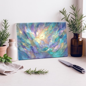 Floral Stained Glass Cutting Board ~ Iridescent Teal & Lavender Leaves Pattern, Botanical Inspired Kitchen Decor image 4