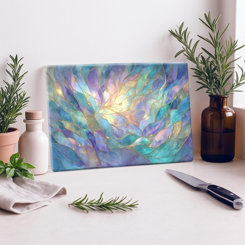 Floral Stained Glass Cutting Board ~ Iridescent Teal & Lavender Leaves Pattern, Botanical Inspired Kitchen Decor image 4