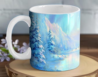 Stained Glass Frozen Lake Skaters Mug ~ Winter Wonderland Ice Skating Scene, Northern Lights Christmas