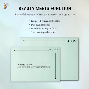 May include: Two rectangular tempered glass cutting boards, one 8" x 11" and the other 11" x 15", with the text "BEAUTY MEETS FUNCTION". Features include a textured surface and non-slip rubber feet.