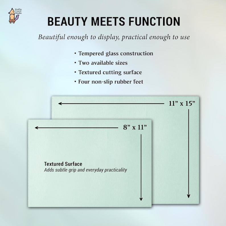 May include: Two rectangular tempered glass cutting boards, one 8" x 11" and the other 11" x 15", with the text "BEAUTY MEETS FUNCTION". Features include a textured surface and non-slip rubber feet.