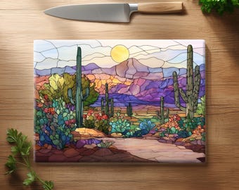 Stained Glass Desert Sun Cutting Board ~ Southwest Cactus Landscape Kitchen Decor, Colorful Arizona Mountains