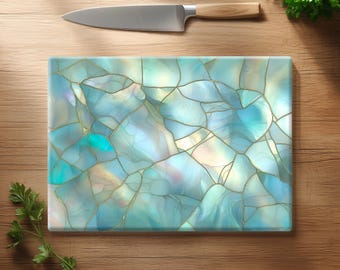 Sea Glass Iridescent Pearl Stained Glass Cutting Board, Ocean Inspired Glass Serving Board
