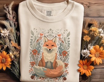 Floral Fox Comfort Colors T-shirt, Cottagecore Tee