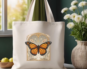 Vintage Monarch Butterfly-tygväska, Cottagecore Canvas Shoppingväska
