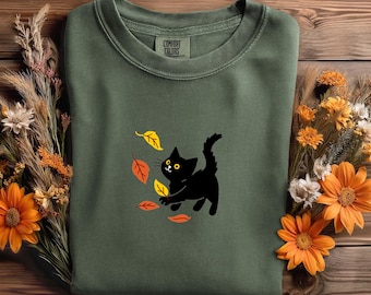 Embroidered Cat Pouncing Leaves T-shirt, Comfort Colors Fall Shirt