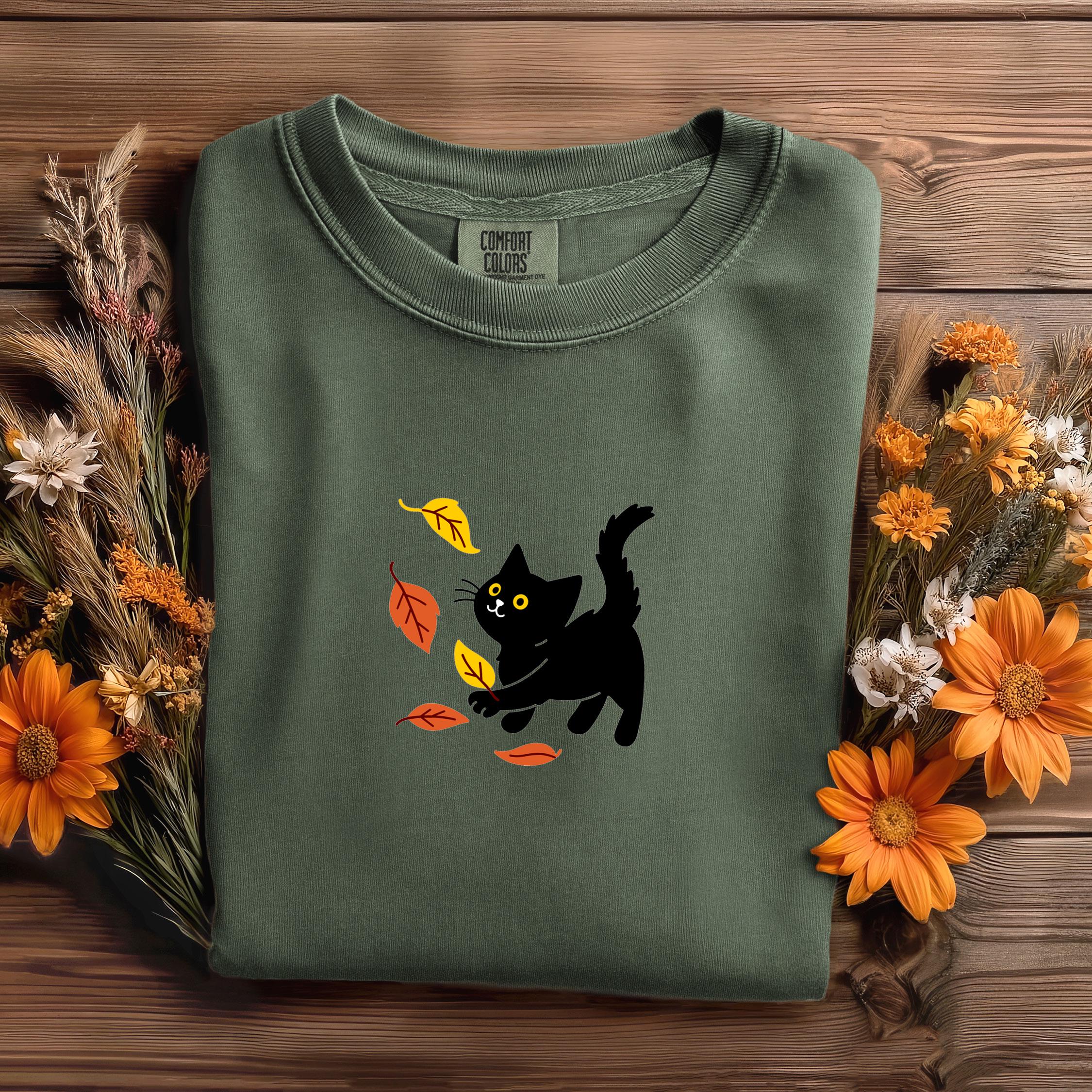 Embroidered Cat Pouncing Leaves T-shirt, Comfort Colors Fall Shirt