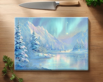 Stained Glass Skaters Cutting Board, Winter Aurora Borealis Kitchen Decor