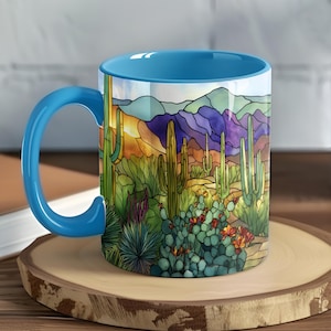 Taza de vitral con diseño del desierto de Arizona, taza con arte del paisaje del saguaro del suroeste, regalo colorido del desierto para el hogar