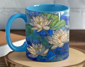 Water Lilies Stained Glass Coffee Mug, Botanical Garden Decor