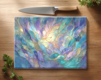 Floral Stained Glass Cutting Board ~ Iridescent Teal & Lavender Leaves Pattern, Botanical Inspired Kitchen Decor