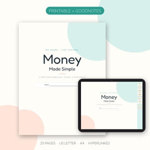 May include: A digital budget planner titled Money Made Simple with the subtitle an ADHD-friendly budget planner, 5 buckets, 5-minute check-ins. The document features a name field, a printable and Goodnotes label, and 25 pages in US Letter size.