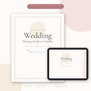 May include: A digital wedding planning checklist and timeline document featuring a beige circle graphic, the text From Yes to I Do, Wedding Planning Checklist & Timeline, and lines for couple and date. Includes a tablet displaying the same layout.
