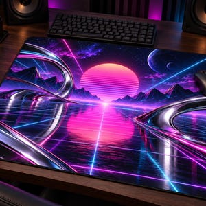 May include: A rectangular desk mat featuring a vibrant synthwave-inspired graphic with a large glowing pink sun, dark mountain silhouettes, a reflective grid surface, and abstract metallic chrome rings set against a deep purple starry night sky.
