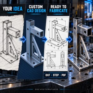 May include: A four-stage process graphic showing a metal bracket design from a sketch labeled YOUR IDEA, a 3D CAD model labeled CUSTOM CAD DESIGN, a technical drawing labeled READY TO FABRICATE with 200mm, 120mm, 80mm, 50mm, 10mm measurements, and a finished steel weldment.