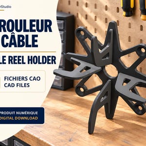 Puede incluir: Un soporte para carrete de cable negro en forma de estrella con seis brazos salientes y una abertura circular central. El texto en la imagen dice CECVectorStudio, DÉROULEUR DE CÂBLE, CABLE REEL HOLDER, FICHIERS CAO CAD FILES y PRODUIT NUMÉRIQUE DIGITAL DOWNLOAD.