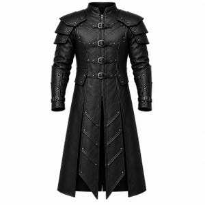 Men's Black Leather Armor Coat, Medieval Fantasy Duster with Pauldrons, Gothic Warrior LARP Costume