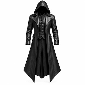 May include: A black leather trench coat featuring a pointed hood, a structured lapel collar, and a button-up vest underneath. The coat has long sleeves, two front flap pockets, and a long, flared hemline that reaches below the knees.