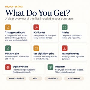 Product details showing a 32-page English PDF interview workbook in A4 and US Letter sizes for digital use or home printing with instant download.