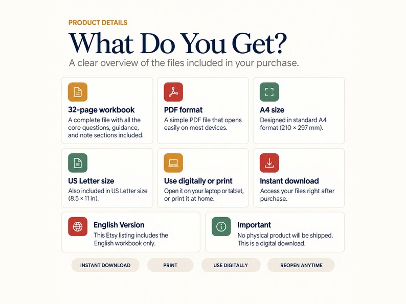Product details showing a 32-page English PDF interview workbook in A4 and US Letter sizes for digital use or home printing with instant download.