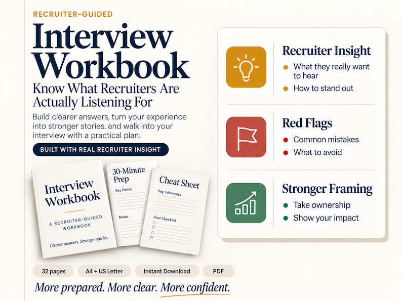 Recruiter-guided interview workbook digital PDF with recruiter insights, red flags, stronger framing, 32 pages, A4 and US Letter formats.