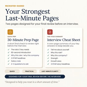 Preview of the 30-minute interview preparation page and one-page interview cheat sheet included in the digital workbook.