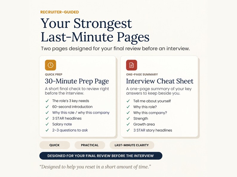 Preview of the 30-minute interview preparation page and one-page interview cheat sheet included in the digital workbook.