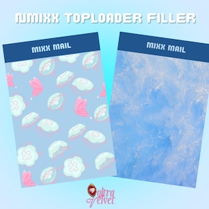 May include: Two rectangular toploader filler cards labeled MIXX MAIL with a dark blue header. One card features a light blue background with a repeating pattern of white jellyfish and pink butterflies. The other card has a blue marbled texture.