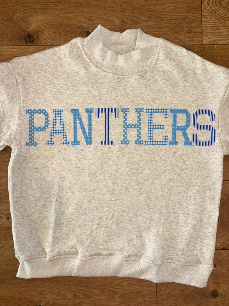 May include: A light gray heathered sweatshirt with a mock neck collar. The word PANTHERS is printed across the chest in large, block capital letters. Each letter features a distinct blue and white pattern, alternating between gingham and polka dots.