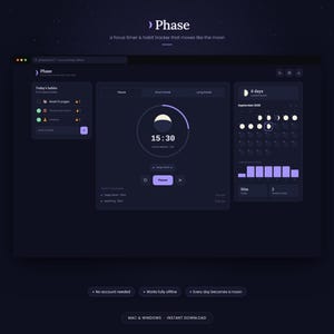 May include: A dark-themed digital interface for the Phase focus timer and habit tracker application. The screen displays a central circular timer set to 15:30, a habit list, a moon phase calendar, and navigation buttons for Mac and Windows.