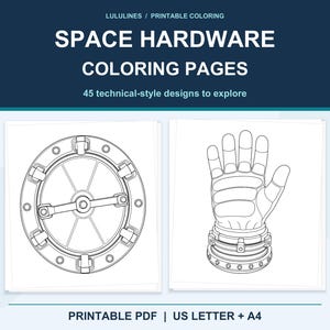 以下が含まれることがあります： 「SPACE HARDWARE COLORING PAGES」と題された45種類のテクニカルスタイルのデザインを含むデジタル印刷可能な塗り絵ページ。画像には、円形のハッチと宇宙用グローブの白黒線画が描かれた2枚の正方形のシートと、その両側に2本の鉛筆が表示されています。