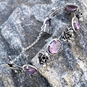 Rare Antique Sterling Silver Rose Bracelet, Exceptional Natural Amethyst Gemstones, Luxury Arts & Crafts Botanical Fine Jewelry, Stamped 925