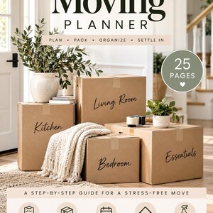 Könnte beinhalten: Ein Moving Planner Ratgeber mit 25 Seiten für Checklisten, Packlisten, Zeitpläne, Adressänderungen und Reinigungslisten. Das Cover zeigt braune Umzugskartons mit der Beschriftung Kitchen, Living Room, Bedroom und Essentials sowie Pflanzen.