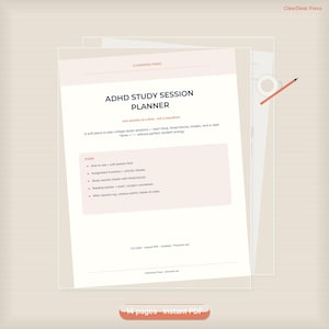 May include: A digital ADHD study session planner document with a light pink header and white background. The text reads ADHD STUDY SESSION PLANNER, one session at a time, not a marathon, and lists sections including assignment inventory and reading tracker.