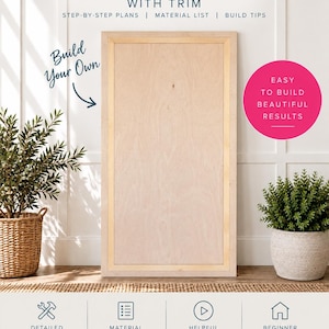 May include: A rectangular light-colored wooden display board with a simple trim frame. The text reads: DIY BUILD PLANS SQUARED DISPLAY WITH TRIM, STEP-BY-STEP PLANS, MATERIAL LIST, BUILD TIPS, Build Your Own, EASY TO BUILD BEAUTIFUL RESULTS, DETAILED INSTRUCTIONS, MATERIAL LIST, HELPFUL TIPS, BEGINNER FRIENDLY, A HOME WITH A STORY.