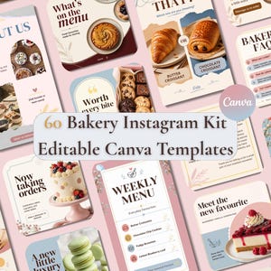 Może przedstawiać: Zestaw 60 edytowalnych szablonów Canva do zestawu na Instagram dla piekarni, zawierający różne układy z tekstami takimi jak About Us, What's on the menu, Worth every bite, Weekly Menu i Bakery FAQ, w delikatnych pastelowych kolorach.