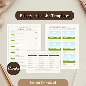 Peut inclure: Trois modèles de liste de prix de boulangerie blancs avec du texte et des en-têtes marron foncé. Les documents présentent des sections pour les noms d'articles, les descriptions et les prix. Un modèle est une liste, un est une grille.
